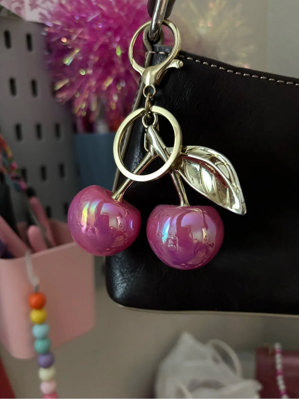 Pink Cherry Keychain Bag Charm